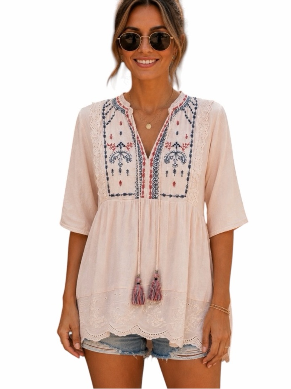 Artesia Small Pink Boho Peasant Elbow Length Shirt w/ Tassels Embroidered